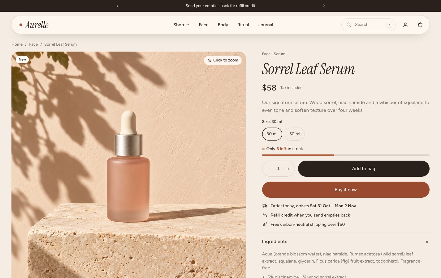 Sorrel product page for a serum, with size options, an ingredients tab and delivery estimate.