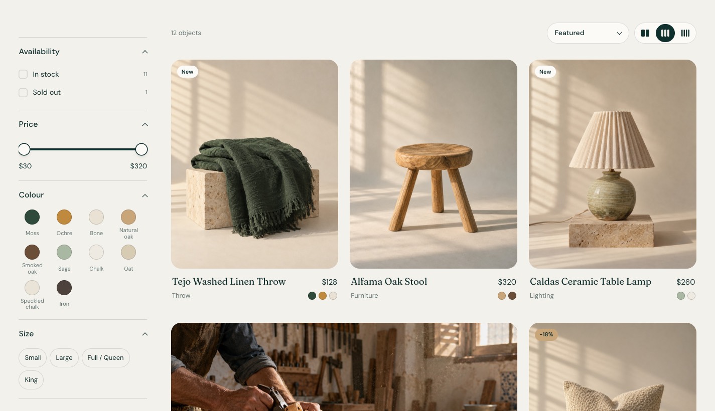 Vellmar collection page with filters for availability, price, color and size beside a three-column product grid.