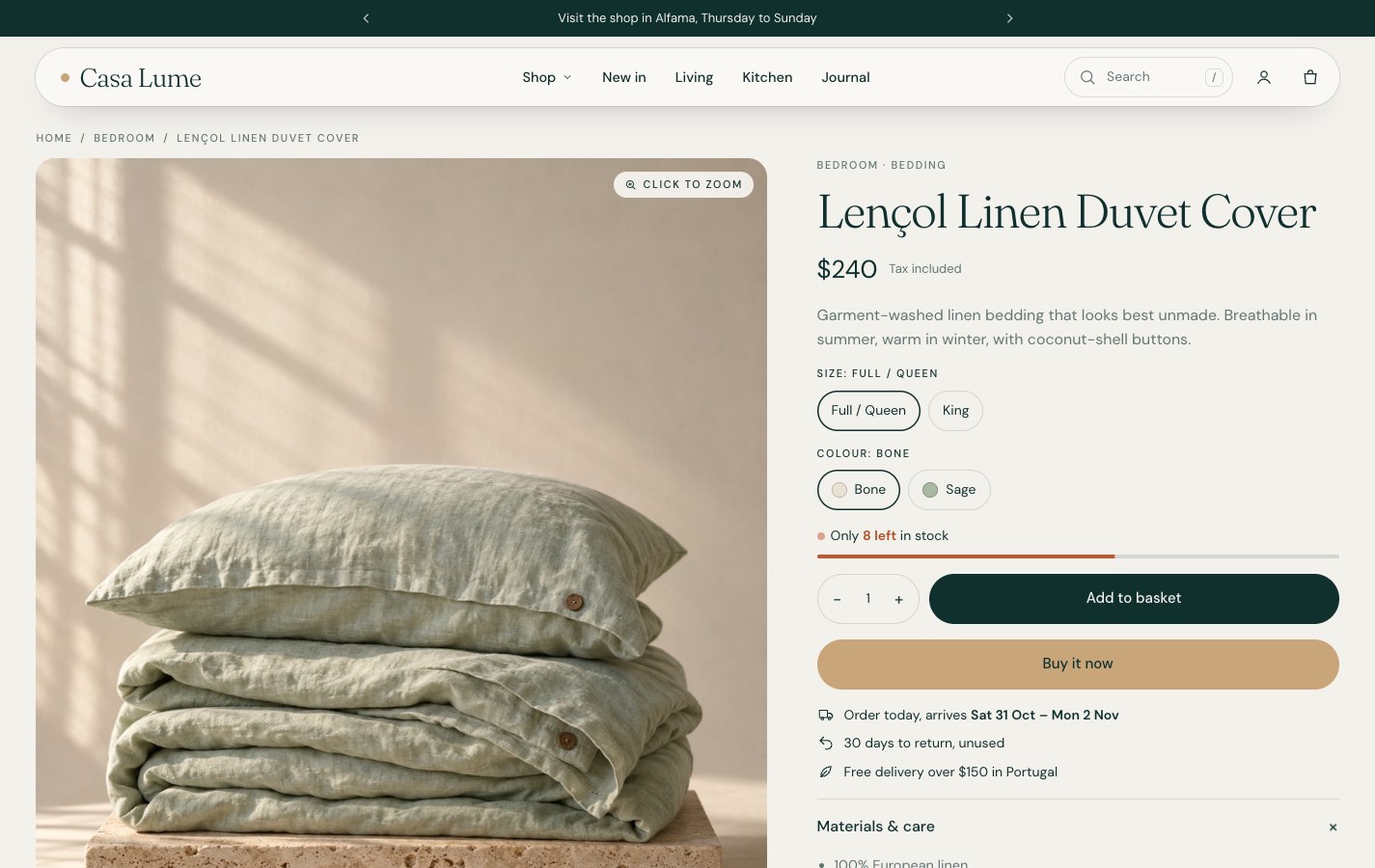 Vellmar product page for a linen duvet cover, with size and color pickers, stock level and add to basket.